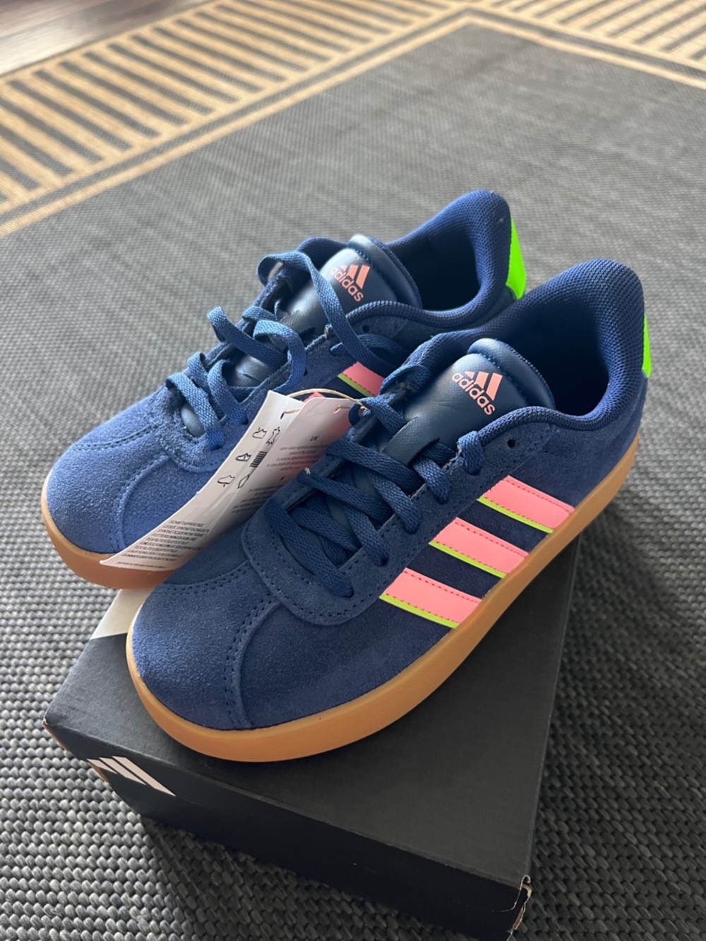 adidas Kids Navy Blue Sneakers with Pink Stripes and Gum Sole